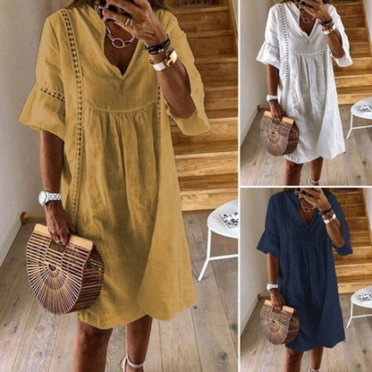 Women's V-Neck Flared Sleeve A-Line Mini Dress – Lace Stitching