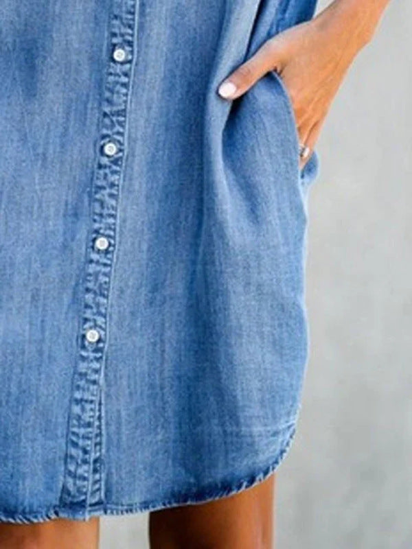 short sleeve denim midi dress Denim Midi Dress – Short Sleeve Square Neck Slim Fit Street Style Navy Blue / 2XL