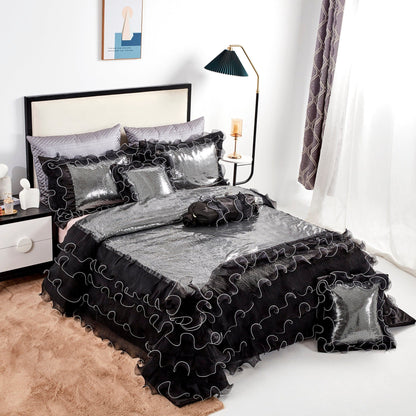 Tache Luxurious Glam Night Out Silver Sequin Black Organza Ruffle 6pc Comforter Set (1622)