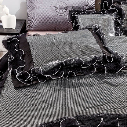 Tache Luxurious Glam Night Out Silver Sequin Black Organza Ruffle 6pc Comforter Set (1622)