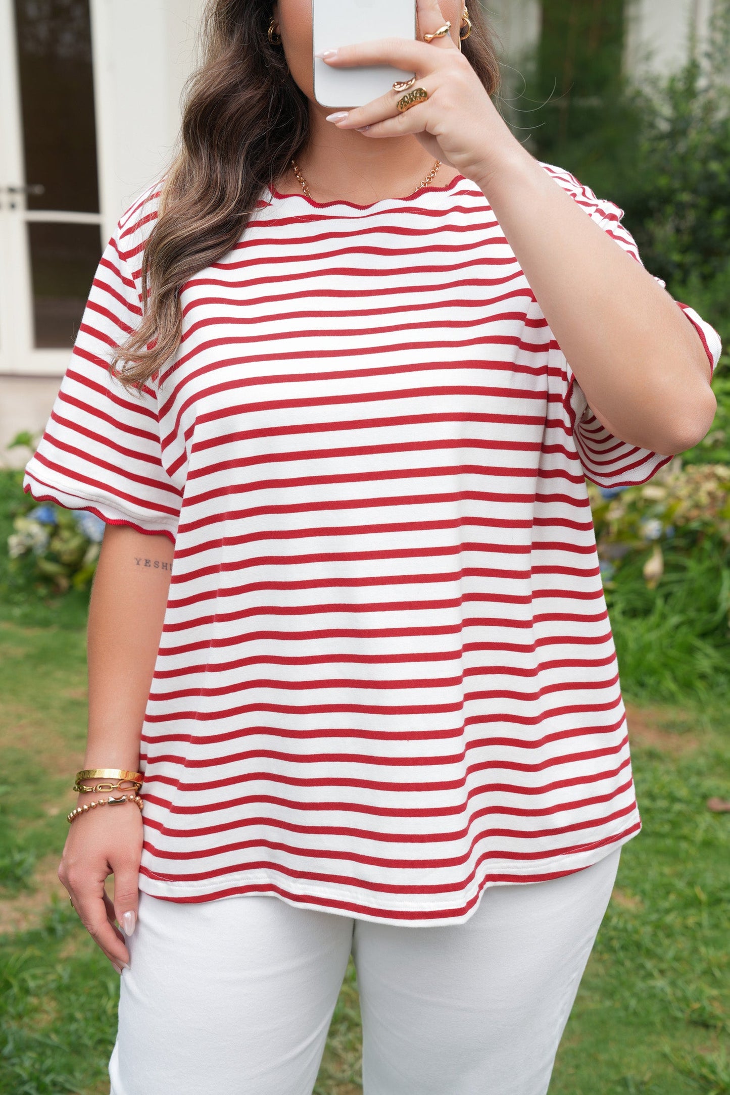Threaded Pear Esther Trim Short Sleeve Plus Top