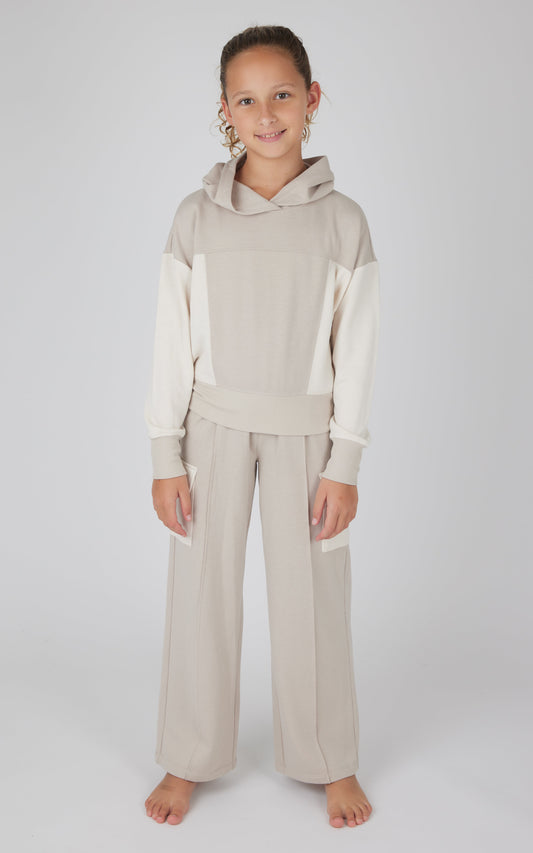 Girls 2 PC Terry Brushed Color Block Sweatshirt and Wide Leg Sweatpant