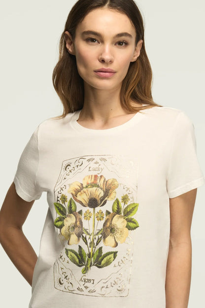 Lucky Brand Women's Floral Ornate Frame Classic Crew - Bright White
