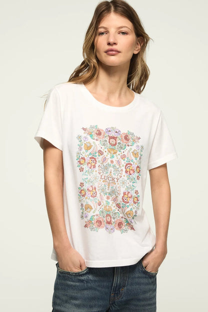 Lucky Brand Women's Floral Poster Embellished Classic Crew