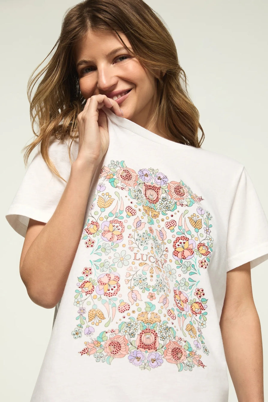 Lucky Brand Women's Floral Poster Embellished Classic Crew