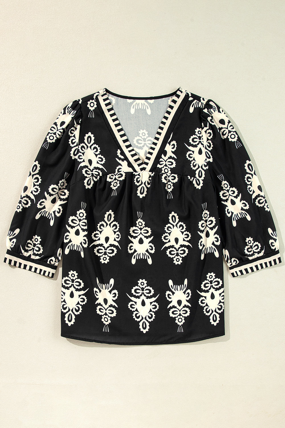 Threaded Pear Vintage Geometric Printed V Neck Blouse