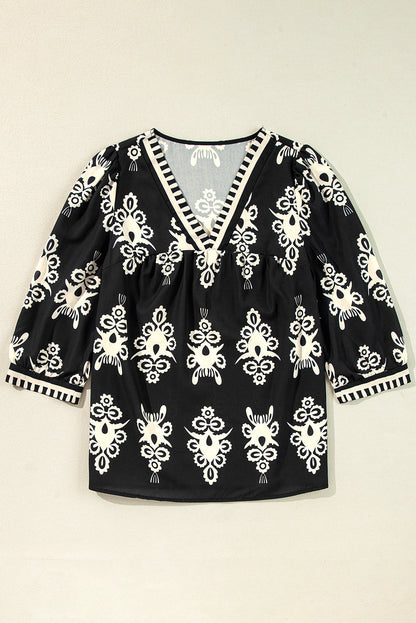 Threaded Pear Vintage Geometric Printed V Neck Blouse