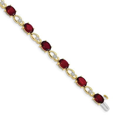 Oval Red Garnet & Diamond Prong 14K Yellow Gold Link Bracelet