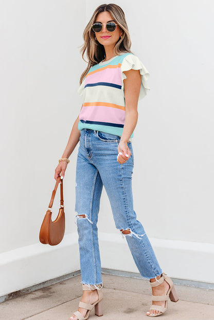 Threaded Pear Yasmin Striped Flutter Sleeve Patchwork Top