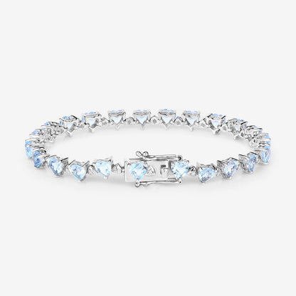 Heart Blue Topaz & Diamond Prong Silver Tennis Bracelet