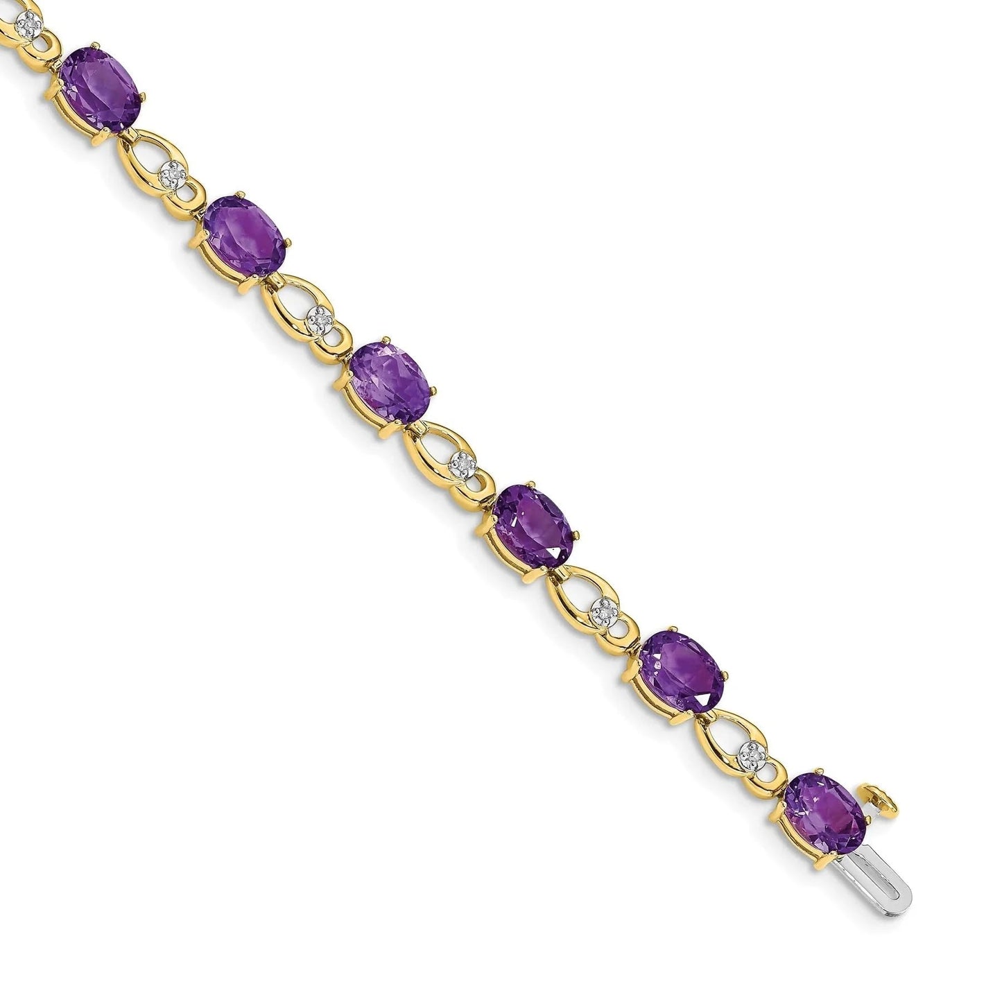 Oval Purple Amethyst & Diamond Prong 14K Yellow Gold Link Bracelet