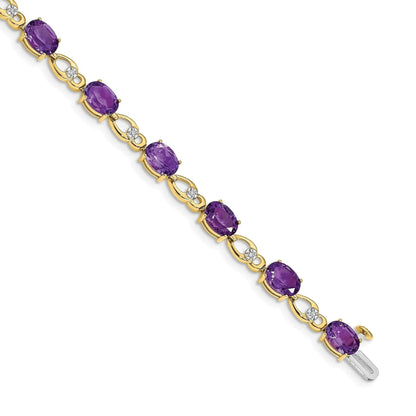 Oval Purple Amethyst & Diamond Prong 14K Yellow Gold Link Bracelet