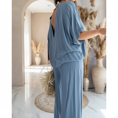 Women's V-Neck Batwing Top & Drawstring Wide-Leg Pants Two-Piece Set