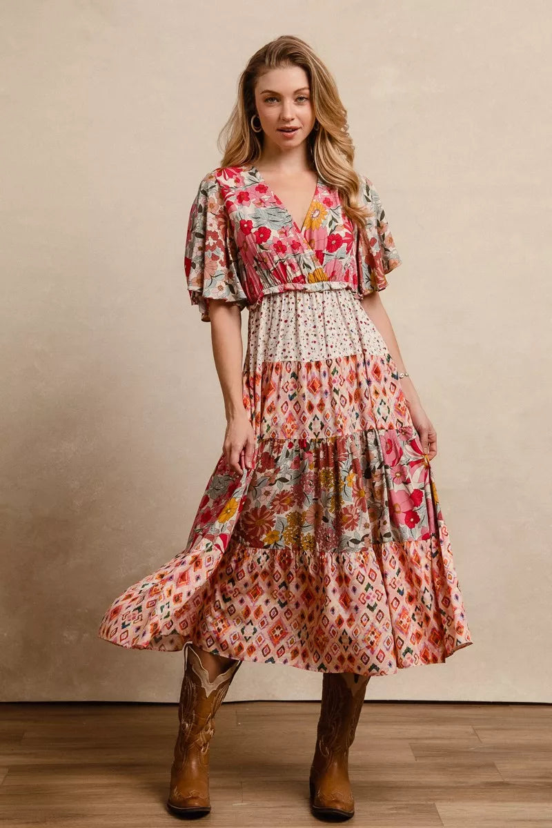 BiBi Floral Print Mix and Match Midi Dress