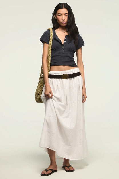 Lucky Brand Women's Crochet Trim Short Sleeve Henley - India Ink