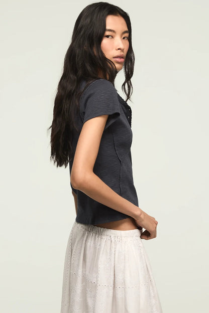 Lucky Brand Women's Crochet Trim Short Sleeve Henley - India Ink
