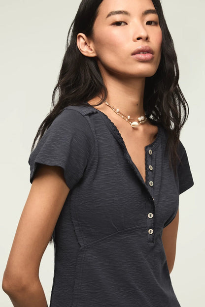 Lucky Brand Women's Crochet Trim Short Sleeve Henley - India Ink
