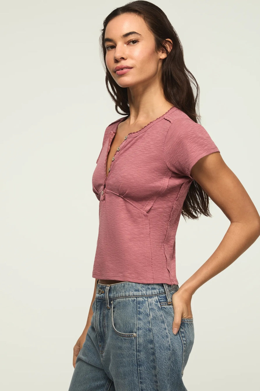 Lucky Brand Women's Crochet Trim Short Sleeve Henley - Lilas