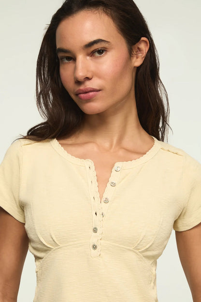 Lucky Brand Women's Crochet Trim Short Sleeve Henley - Lemon Icing