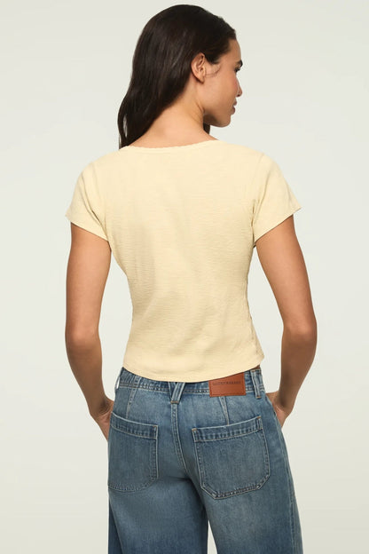 Lucky Brand Women's Crochet Trim Short Sleeve Henley - Lemon Icing