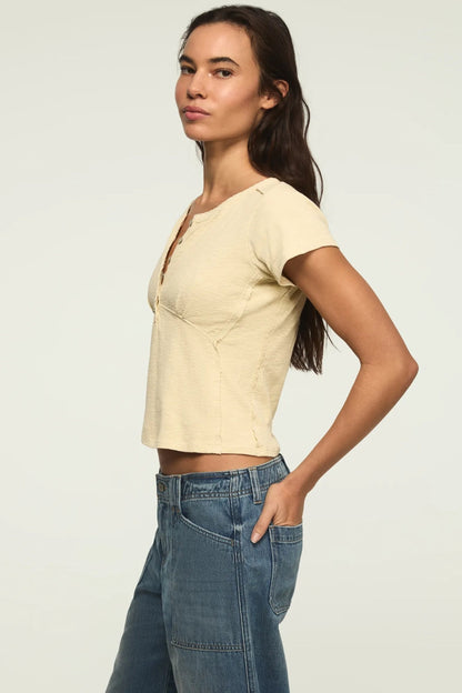 Lucky Brand Women's Crochet Trim Short Sleeve Henley - Lemon Icing