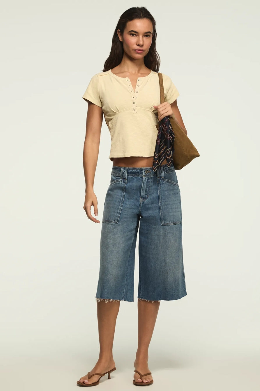 Lucky Brand Women's Crochet Trim Short Sleeve Henley - Lemon Icing