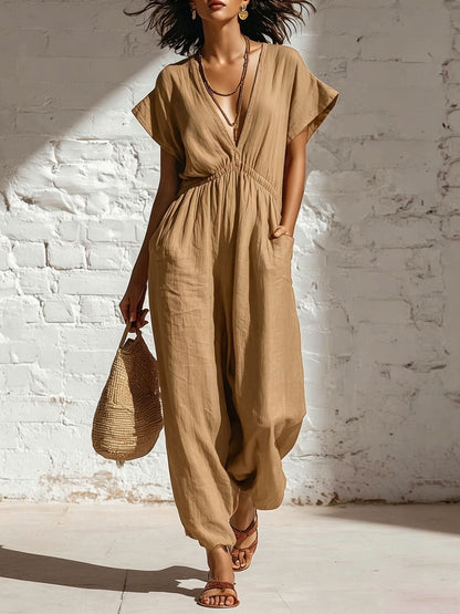 Women's Deep V-Neck Three-Quarter Sleeve High Waist Wide Leg Pants