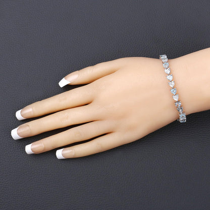 7.50 Ct Heart Blue Topaz & Diamond Prong Silver Tennis Bracelet