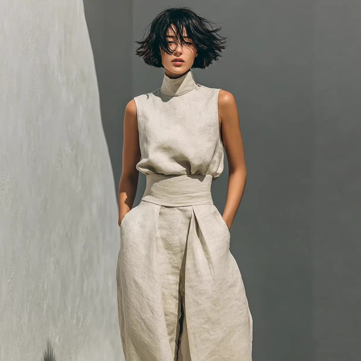 Women's Linen-Blend High-Neck Sleeveless Top & Wide-Leg Pants Set