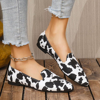 Women's Wide-Fit Breathable Pointed-Toe Flat Shoes – Cow Print Casual Flats