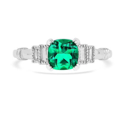 1.14 Ct Cushion Green Colombian Lab Created Emerald and Moissanite Prong Silver Five Stone Ring