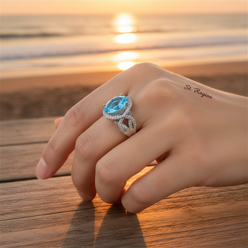 Sea Blue Crystal & Cubic Zirconia Oval-Cut Ring
