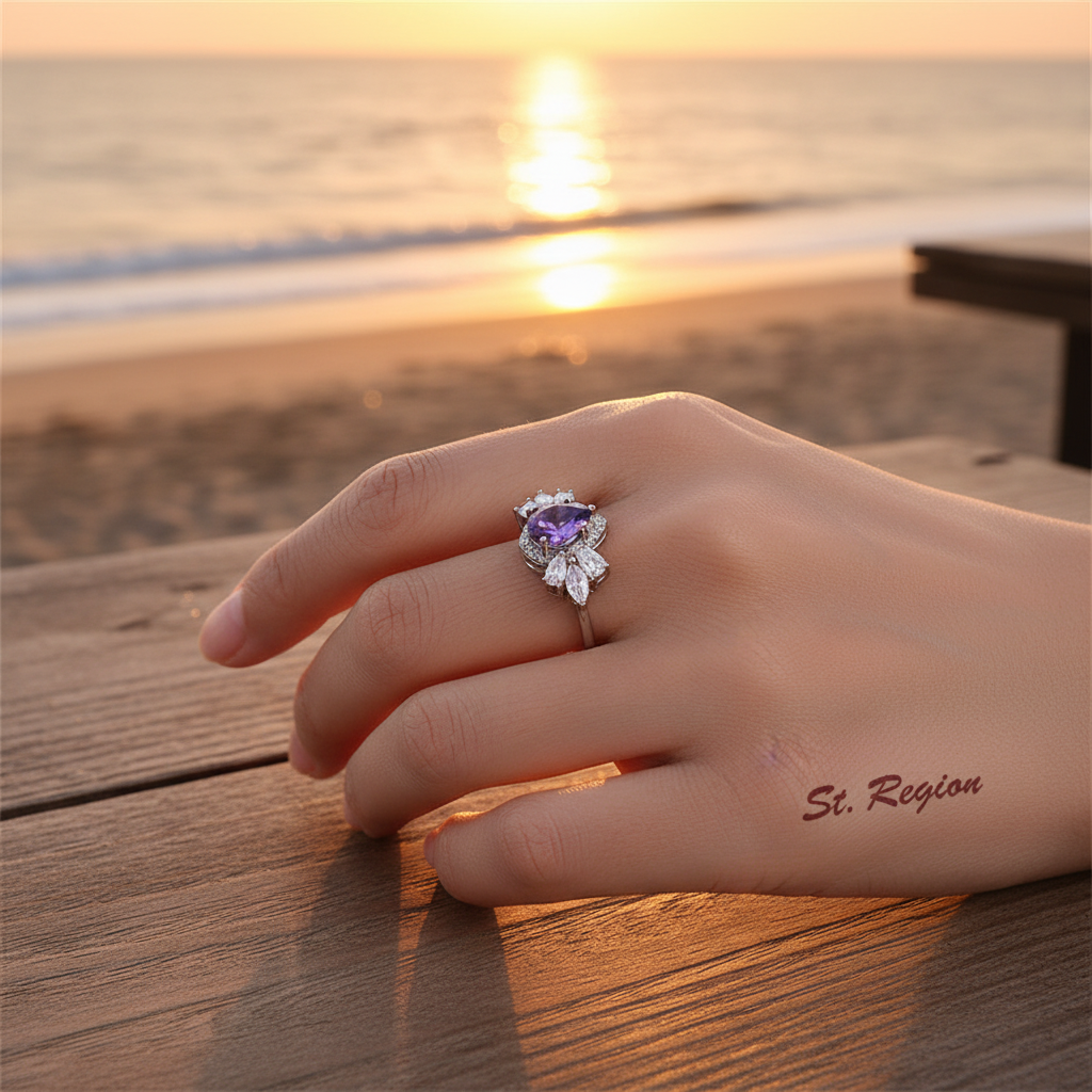 Purple Crystal & Silvertone Pear-Cut Ring