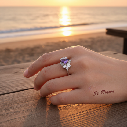 Purple Crystal & Silvertone Pear-Cut Ring