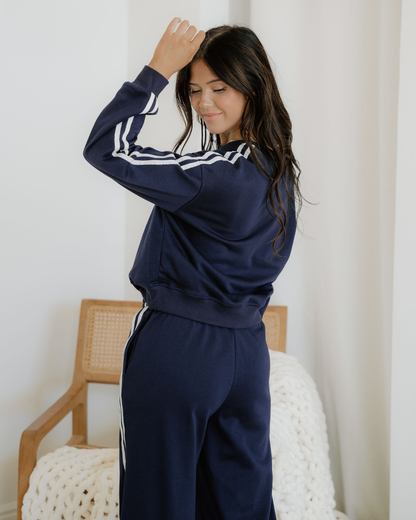 Varsity Pullover Wide Leg Pants 2pcs Outfit - Blue