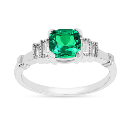 1.14 Ct Cushion Green Colombian Lab Created Emerald and Moissanite Prong Silver Five Stone Ring