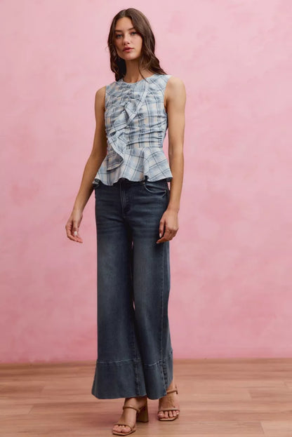 SO ME Plaid Sleeveless Ruffle Peplum Top