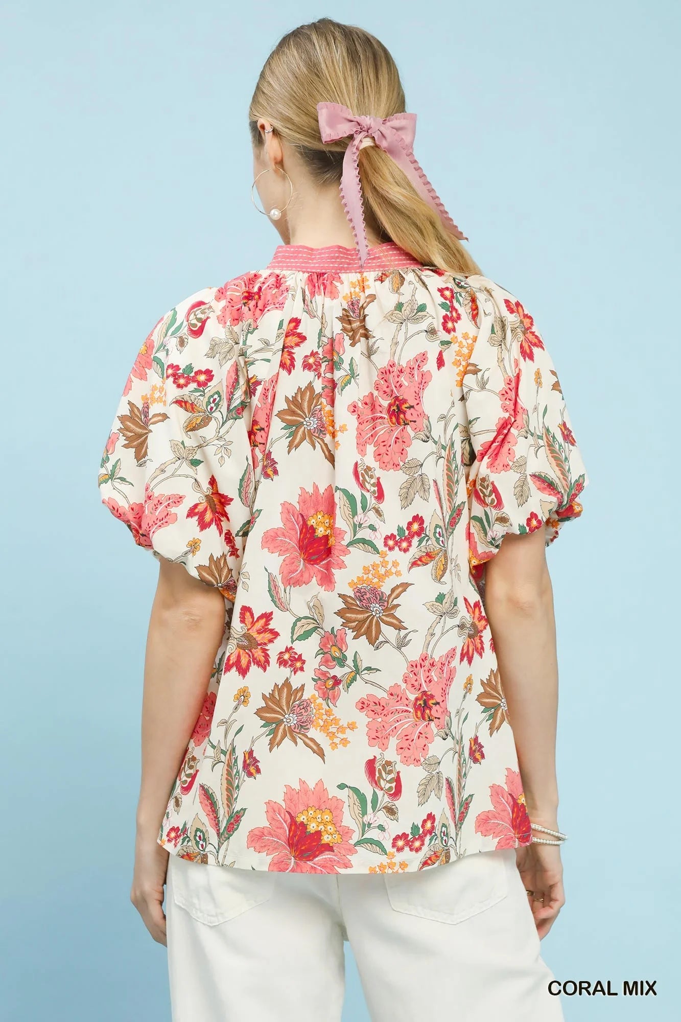 Umgee Mix Floral Puff Sleeve Blouse in Coral