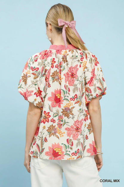 Umgee Mix Floral Puff Sleeve Blouse in Coral