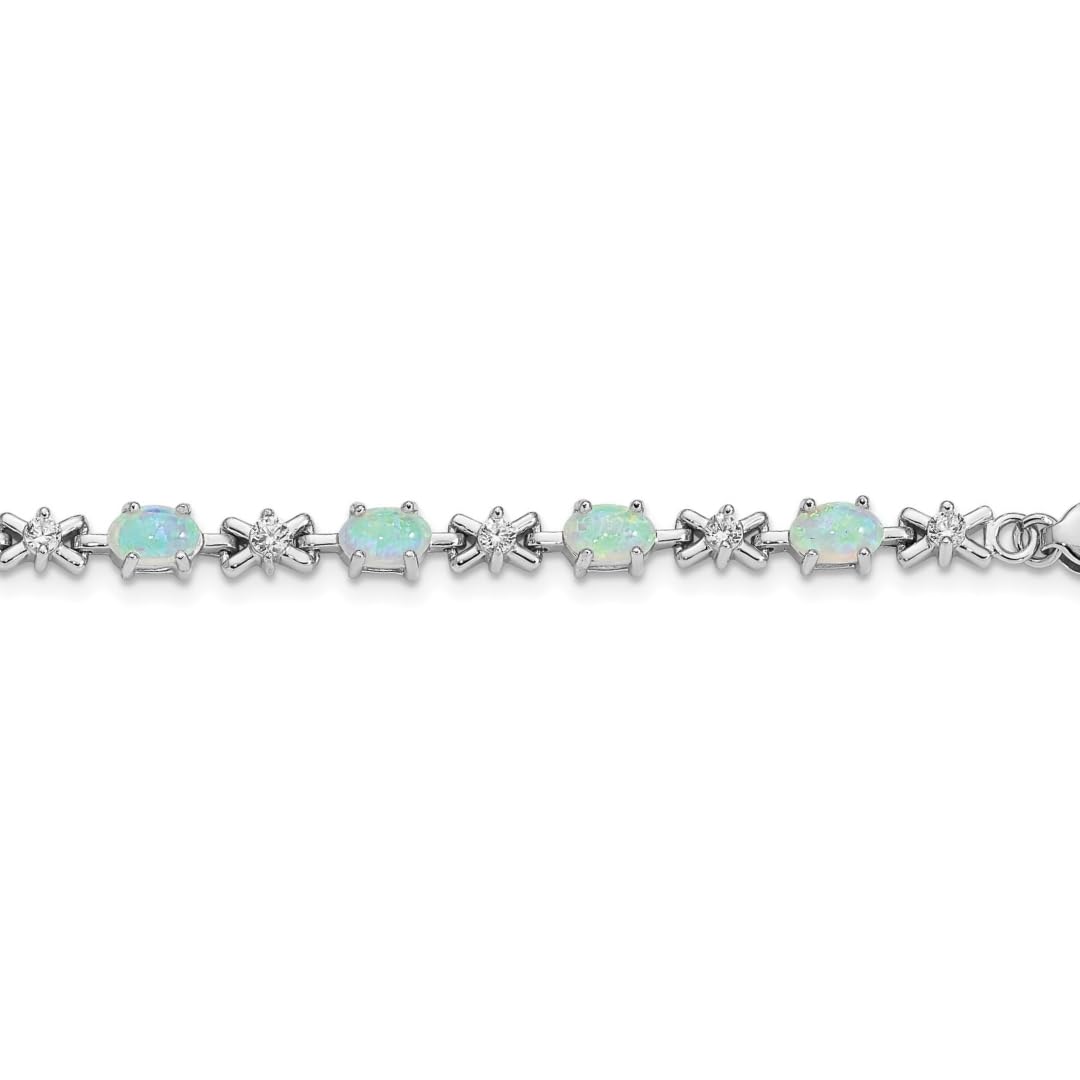 Oval White Created Opal & CZ Prong Sterling Silver X Link Bracelet