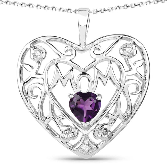 Heart Purple Amethyst Prong Silver Mom Charm Necklace