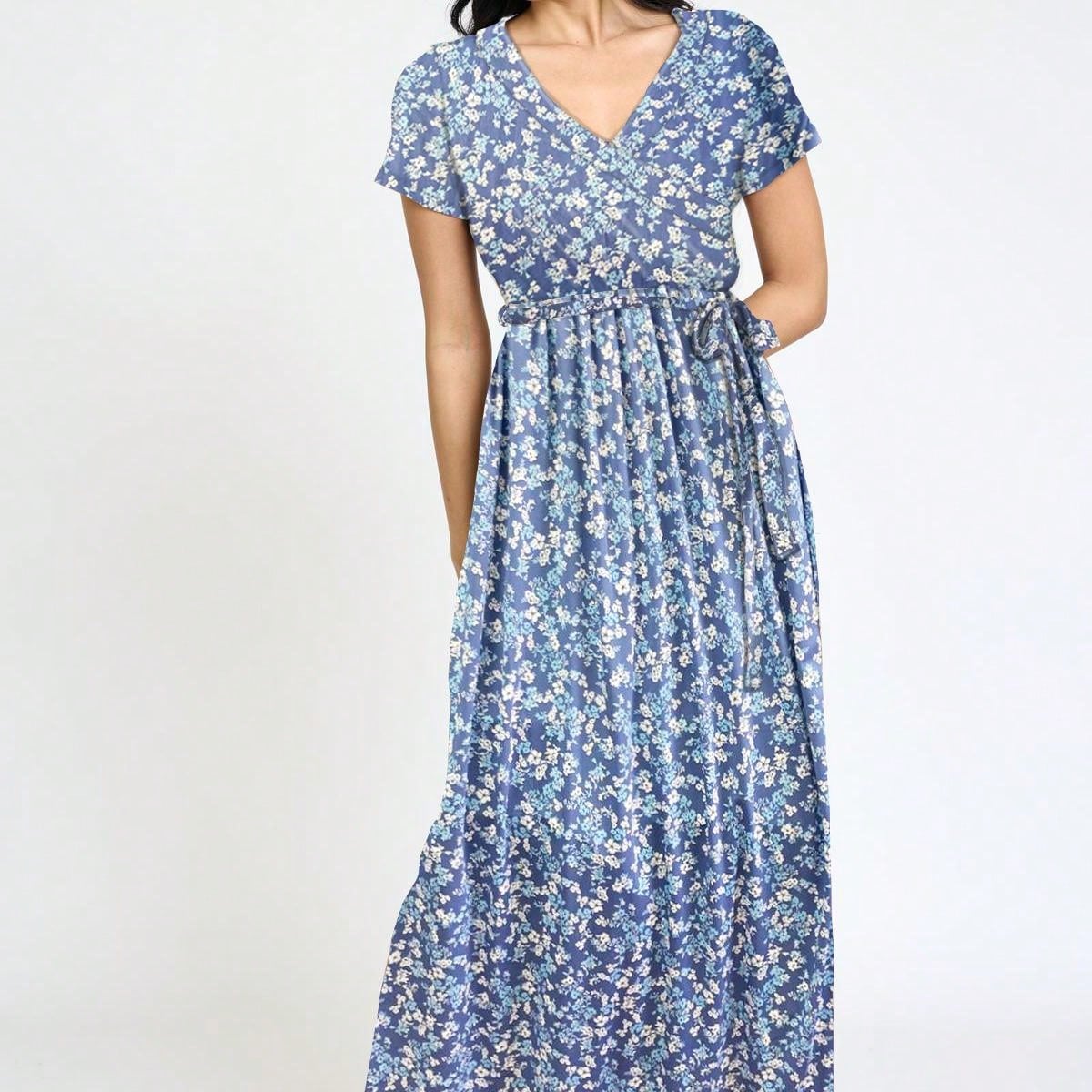 Elegant Floral Maxi Dress With  Surplice  Versatile Summer Dress For Women