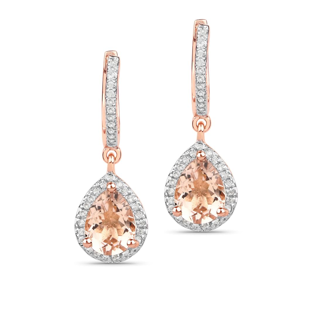 Pear Pink Morganite Prong Rose Gold Plated Silver Teardrop Dangle Earrings