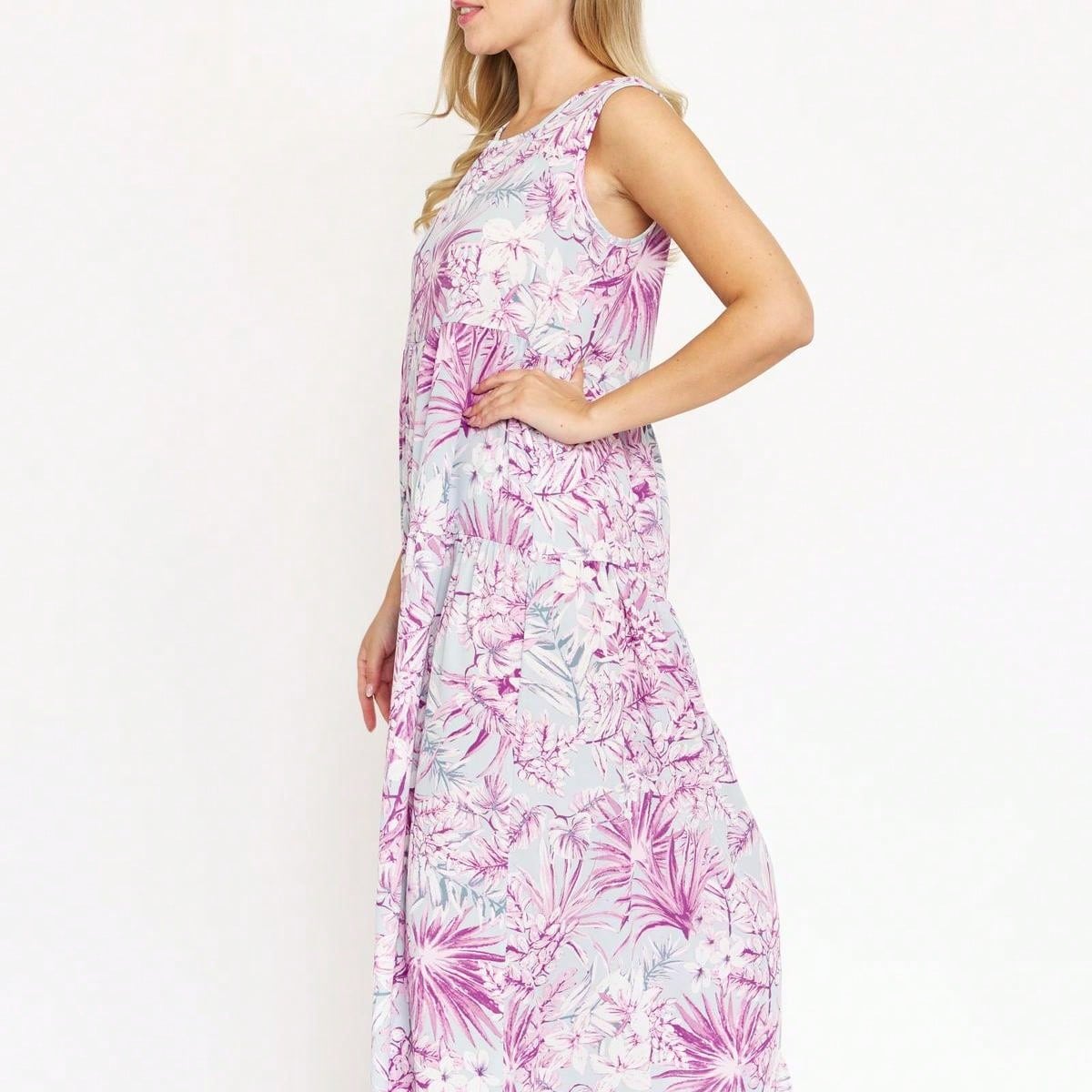 Tiered Tropical Sleeveless Leaves Floral  Maxi Long Woven Dress