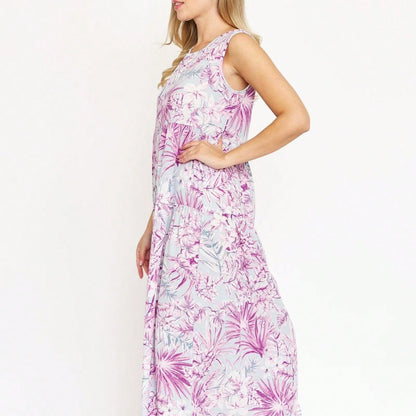 Tiered Tropical Sleeveless Leaves Floral  Maxi Long Woven Dress