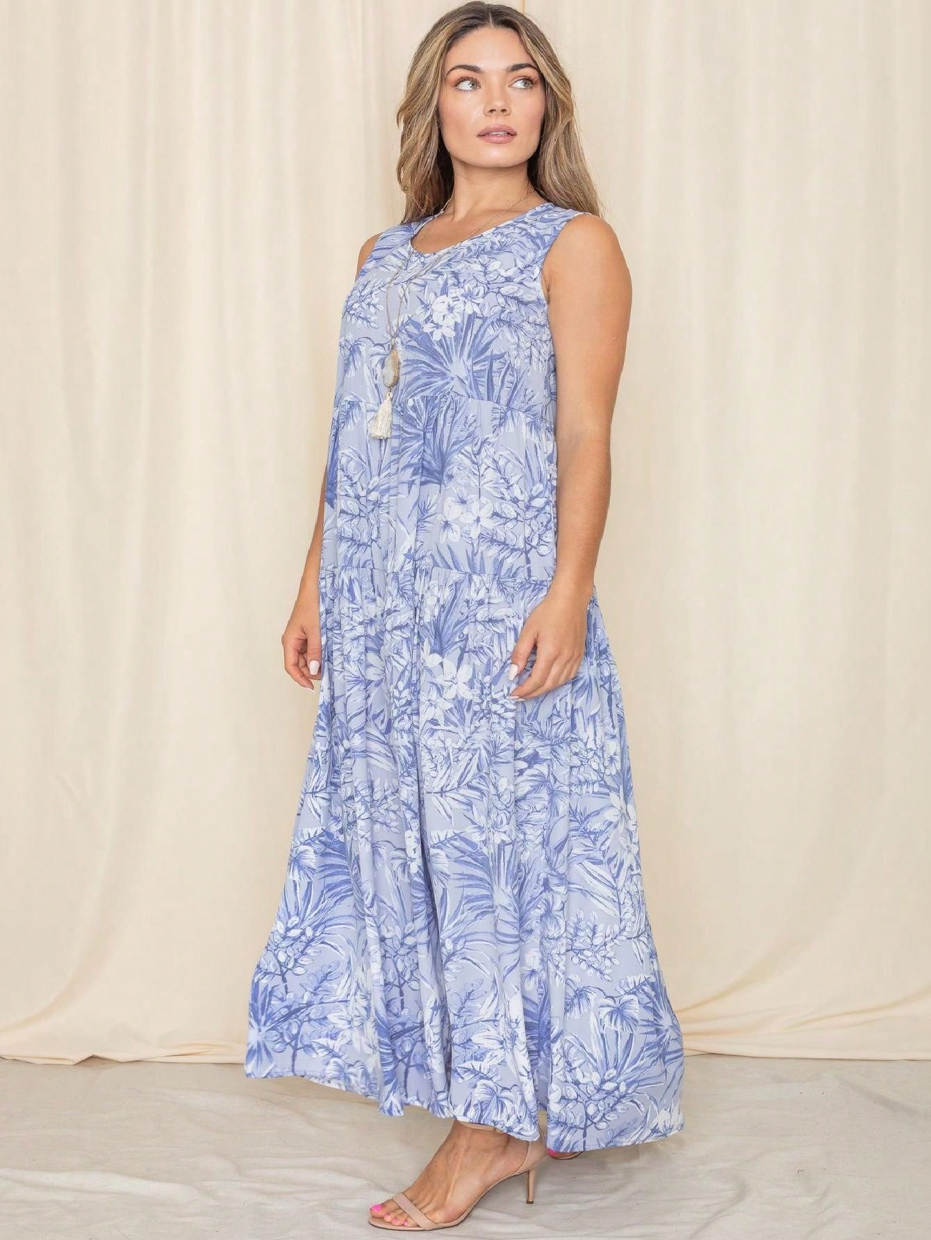 Tiered Tropical Sleeveless Leaves Floral  Maxi Long Woven Dress