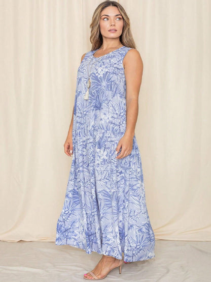 Tiered Tropical Sleeveless Leaves Floral  Maxi Long Woven Dress