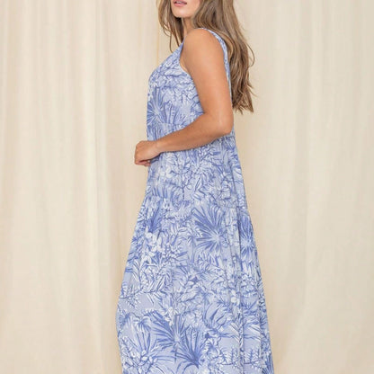 Tiered Tropical Sleeveless Leaves Floral  Maxi Long Woven Dress
