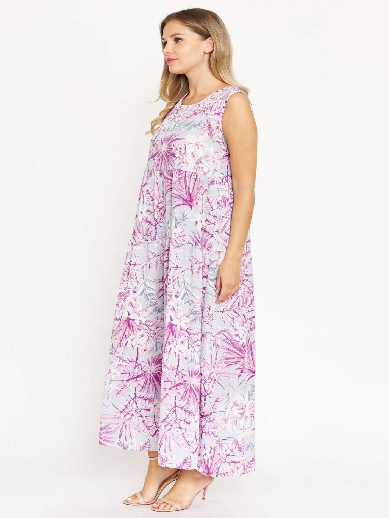 Tiered Tropical Sleeveless Leaves Floral  Maxi Long Woven Dress