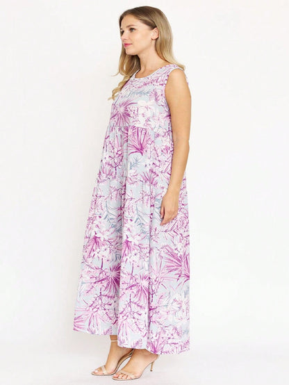 Tiered Tropical Sleeveless Leaves Floral  Maxi Long Woven Dress